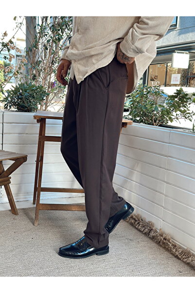 manch collection Pileli Baggy Kumaş Pantolon Kahverengi