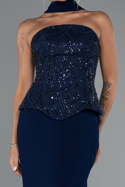 Abiyefon Lacivert Pullu Straplez Peplum Kesim Uzun Abiye Elbise ABU5320