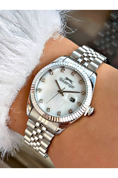 Slazenger Steel Cord Calendar 5 Atm Waterproof Silver Color Women Wristwatch 2240