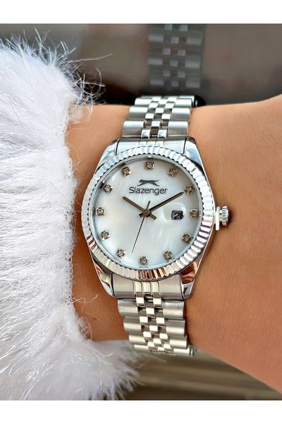 Slazenger Steel Cord Calendar 5 Atm Waterproof Silver Color Women Wristwatch 2240