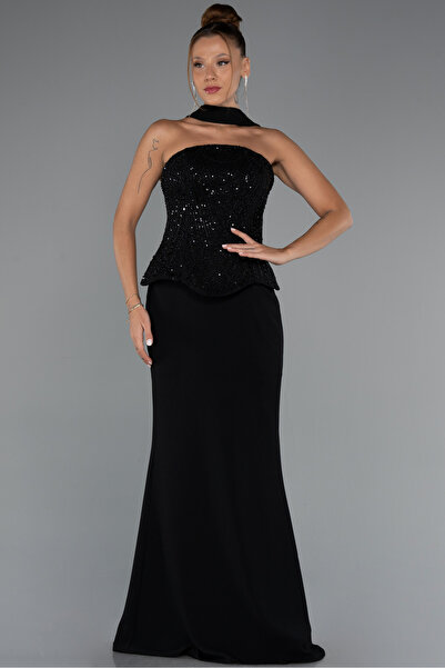 Abiyefon Siyah Pullu Straplez Peplum Kesim Uzun Abiye Elbise ABU5320