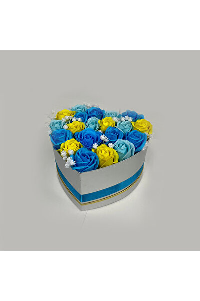 velve Aranjament floral Miracle Blue cutie inima cu 21 trandafiri sapun, Albastru