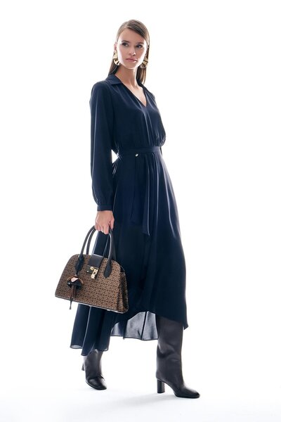 EXPLOSION Volan Detaylı Kloş Etekli V Yaka Elbise