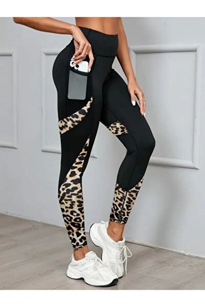 buHillco High Waist Leopard Print Pocket Detail Diver Fabric Women's Sports Leggings