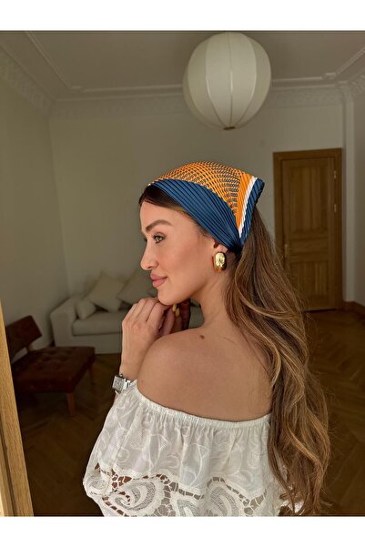 Tina İstanbul Turuncu Lacivert Kare Desenli Fular