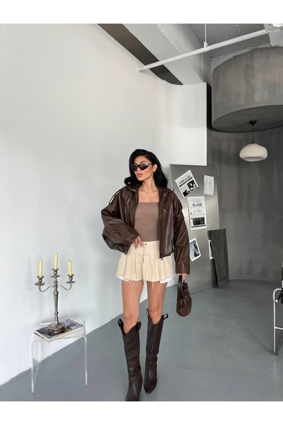 LB Laluna Butik Дамско кожено яке тип бомбър с голям размер