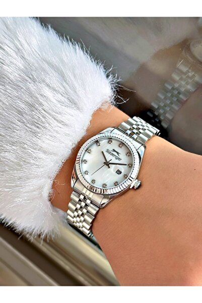 Slazenger Steel Cord Calendar 5 Atm Waterproof Silver Color Women Wristwatch 2240