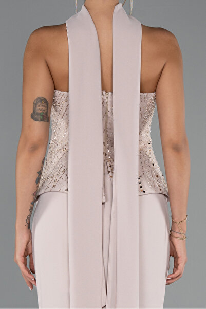 Abiyefon Bej Pullu Straplez Peplum Kesim Uzun Balık Abiye Elbise ABU5320