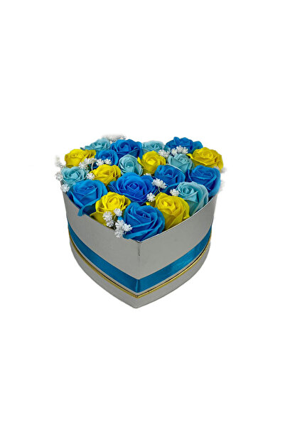 velve Aranjament floral Miracle Blue cutie inima cu 21 trandafiri sapun, Albastru