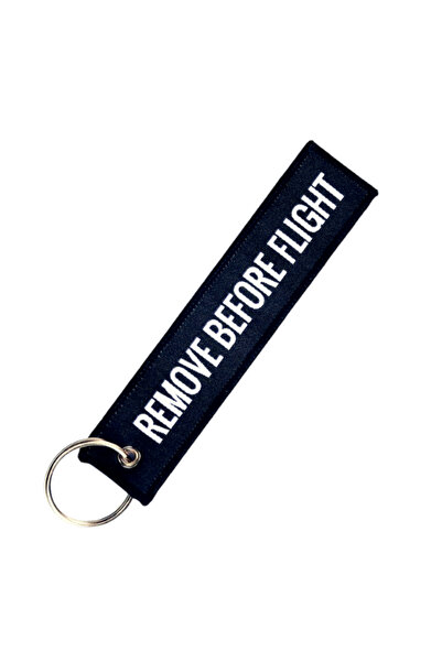 Havaci Market سلسلة مفاتيح قماشية سوداء مكتوب عليها 'إزالة قبل الإقلاع'