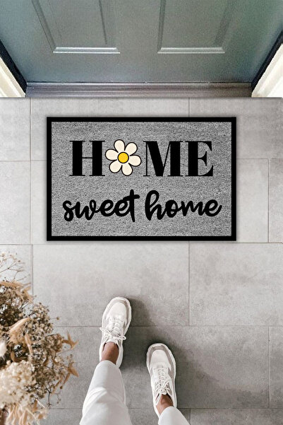 Dormot Dekoratif Dijital Paspas Kişiye Özel Tasarım Home Sweet Home Gri Kapı Önü Paspası 70x45cm