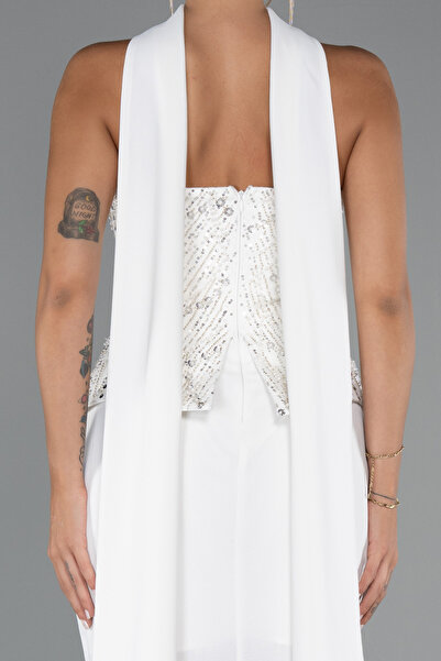 Abiyefon Ekru Pullu Straplez Peplum Kesim Uzun Balık Abiye Elbise ABU5320