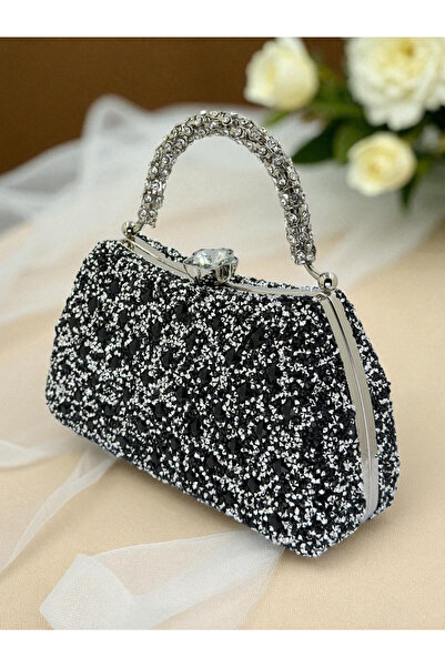 Biçanta Special Design Black Silver Color Fully Stone-Encrusted Handle Women's Evening Dress Bag Wedding Engagement Prom