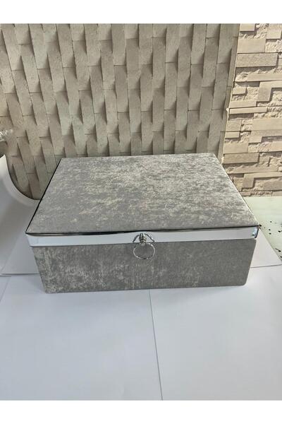 ORUÇ BEY Velvet Covered Luxury Storage Box Gray Silver - Dowry, Gift and Decorative Arrangement Box