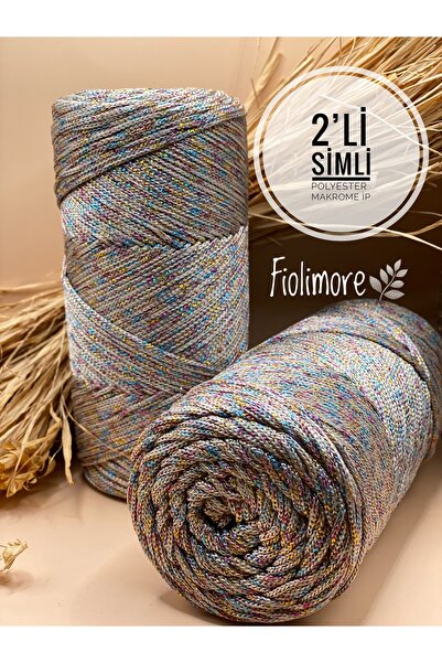 Fiolimore 2'Li Premium Simli Polyester Makrome İp 2 mm (400 Gram-460 M) Supla Çanta Örgü İpi 1.Kalite