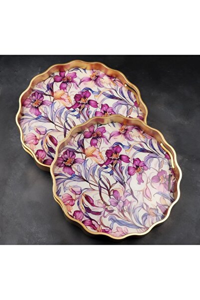 Kosova Çırağan Home 2’li Lüks Desenli Ahşap Tepsi Ser 38Cm - 33 Cm