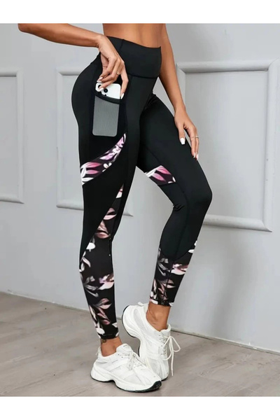 buHillco High Waist Patterned Pocket Detailed Diver Fabric Women's Sports Leggings