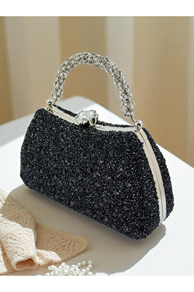 Biçanta Special Design Black Color Fully Stone-Encrusted Handle Women's Evening Dress Bag Wedding Engagement Prom