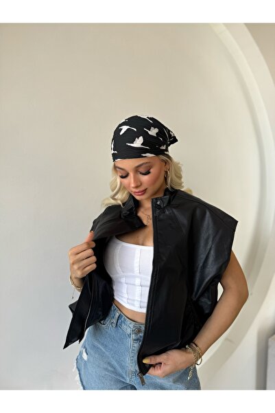 FEHUBLOOM Women's Black Drawstring Detailed Stand Collar Oversize Leather Vest