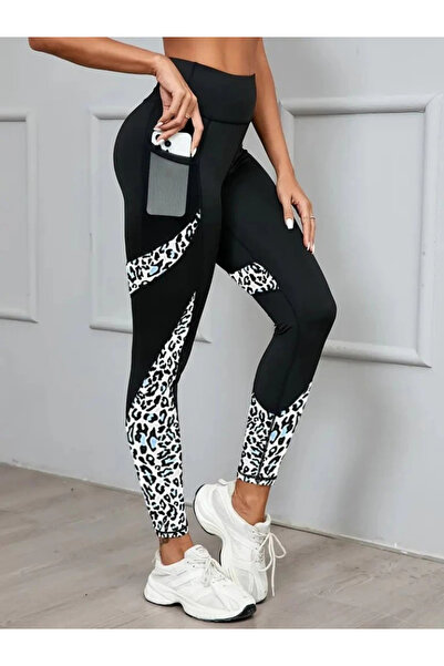 buHillco High Waist Leopard Print Pocket Detail Diver Fabric Women's Sports Leggings