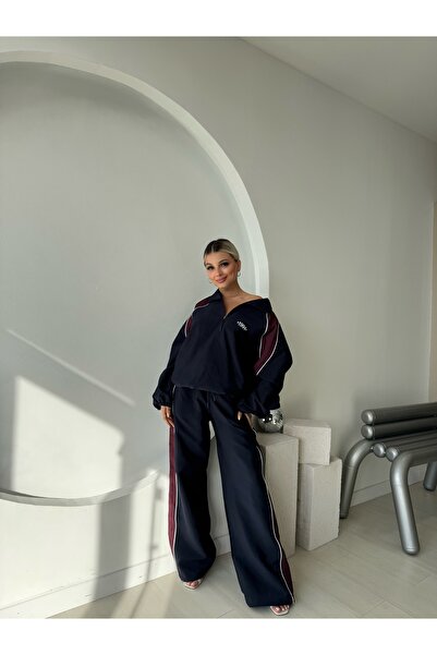 FEHUBLOOM Women's Navy Blue Stripe Detailed Bomber Jacket Pants Bottom Top Set