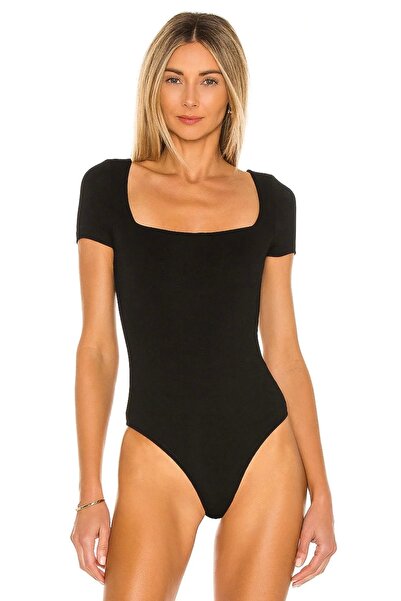 bysoca Дамски черен боди с къс ръкав, обгръщащ тялото, с квадратна деколте и ...