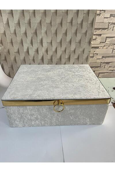 ORUÇ BEY Velvet Coated Luxury Storage Box Cream Gold - Dowry, Gift and Decorative Arrangement Box