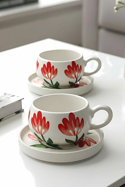 Hopce Flora El Yapımı Gentian Çiçeği Desenli, 4 Parça 2 Kişilik Çay & Kahve F...