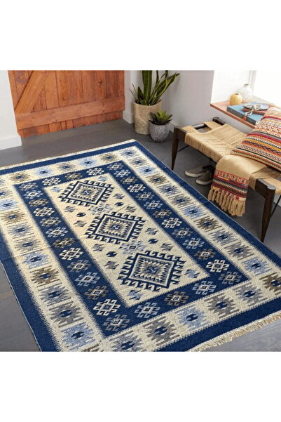 OEM Covor tradițional, țesut, față-verso, dimensiune 180 x 280 cm, albastru și crem, model ROMB