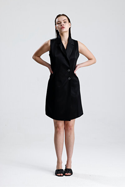 Sense Sleeveless Satin Jacket Dress with Lining Inside |   Elb35733 Black
