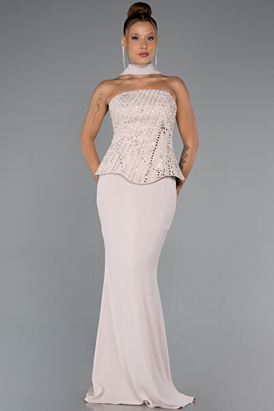 Abiyefon Bej Pullu Straplez Peplum Kesim Uzun Balık Abiye Elbise ABU5320