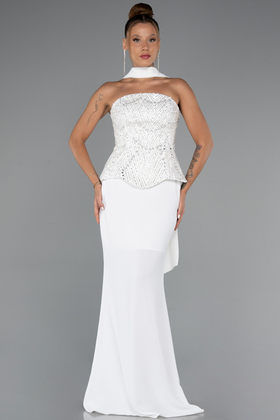 Abiyefon Ekru Pullu Straplez Peplum Kesim Uzun Balık Abiye Elbise ABU5320
