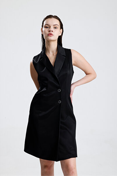 Sense Sleeveless Satin Jacket Dress with Lining Inside |   Elb35733 Black