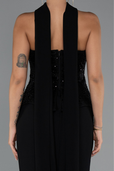 Abiyefon Siyah Pullu Straplez Peplum Kesim Uzun Abiye Elbise ABU5320