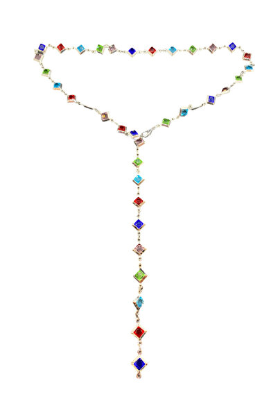 FM قلادة نسائية على شكل حرف Y من الفولاذ المطلي باللون الفضي مع أحجار ملونة -...