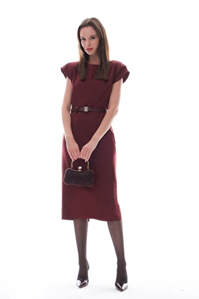 EXPLOSION Deri Kemerli Kolu Drapeli Klasik Elbise