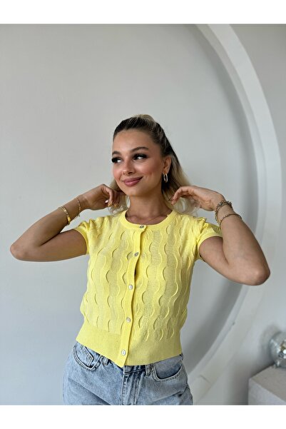 FEHUBLOOM Women's Yellow Short Sleeve Buttoned Cardigan