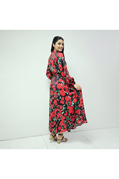 dorbe Retro Floral Printed Stand Collar Full Sleeves Split Design Long Maxi Abaya Dress