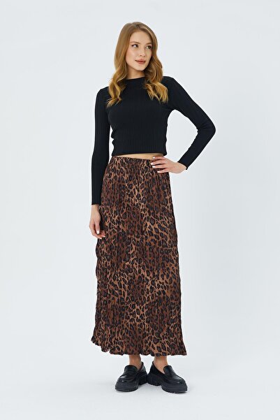 nizzell 4619 Women's Leopard Patterned Satin Skirt Brown