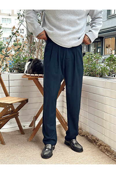 manch collection Pileli Baggy Kumaş Pantolon Lacivert