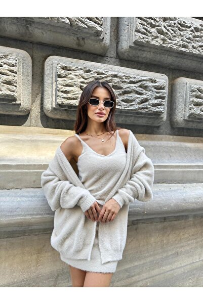 TOFİX textile Triko Women's Three-Piece Set Cardigan Mini Skirt Suspender Blouse Soft Knitwear