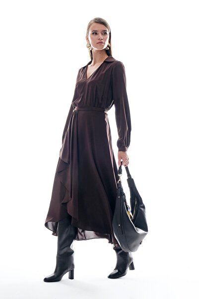 EXPLOSION Volan Detaylı Kloş Etekli V Yaka Elbise