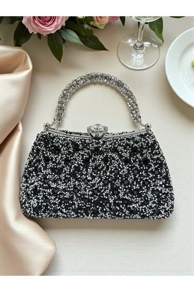 Biçanta Special Design Black Silver Color Fully Stone-Encrusted Handle Women's Evening Dress Bag Wedding Engagement Prom