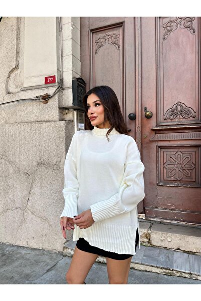 TOFİX textile Triko Winter Oversize Sweater with Fishmouth Neck and Dropped Shoulders