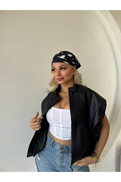 FEHUBLOOM Women's Black Drawstring Detailed Stand Collar Oversize Leather Vest