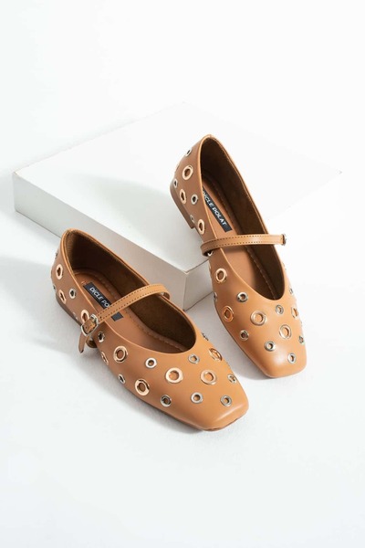 diclepolat Women's Tan Ballerina Shoes with Metal Ring Detail and Belt Casual Shoes Luce