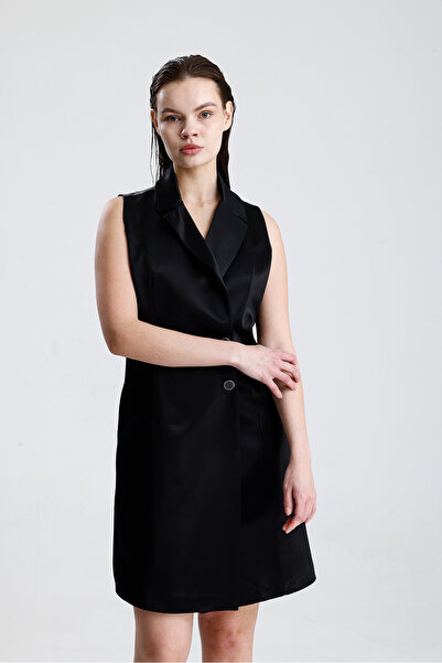 Sense Sleeveless Satin Jacket Dress with Lining Inside |   Elb35733 Black