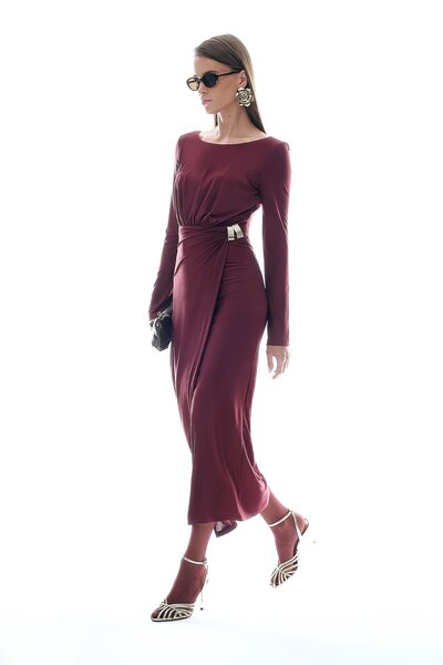 EXPLOSION Gold Tokalı Kruvaze Etekli Midi Elbise