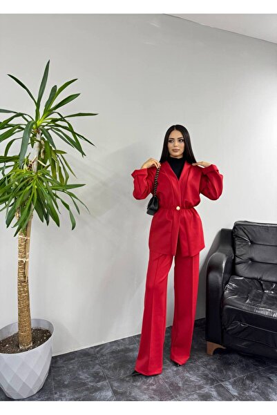 SHEZAN MODA Kadın Bel Lastikli Rahat Kesim Düğmeli Ceket Çimalı Bol Paça Pantolon İkili Scuba Takım BB-10004734