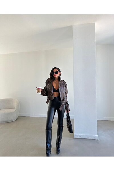 piel island Yeni Sezon Oversize Kadın Acı Kahve Biker Deri Ceket